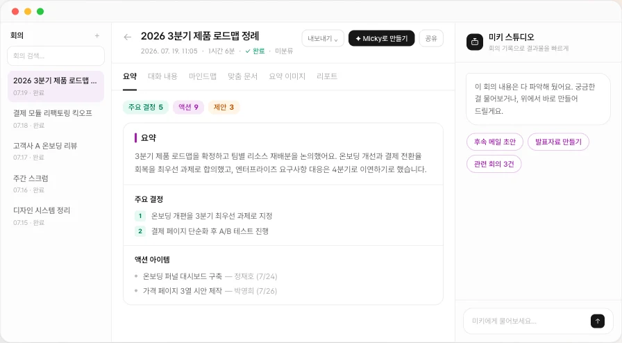 MICKY 앱 화면 — 회의 요약·주요 결정·액션 아이템과 미키 스튜디오